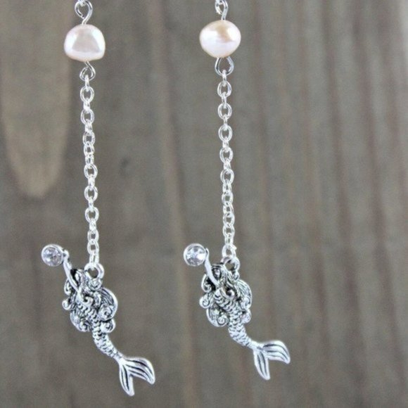 Hand crafted Fresh Water Pearl & Mermaid Dangle Earrings - Picture 3 of 6